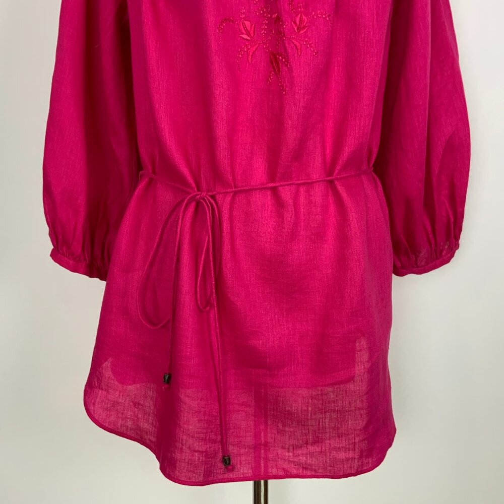 Lauren Ralph Lauren Fuschia Linen Peasant Embroidered Blouse Tie Waist Sz L - Picture 14 of 16